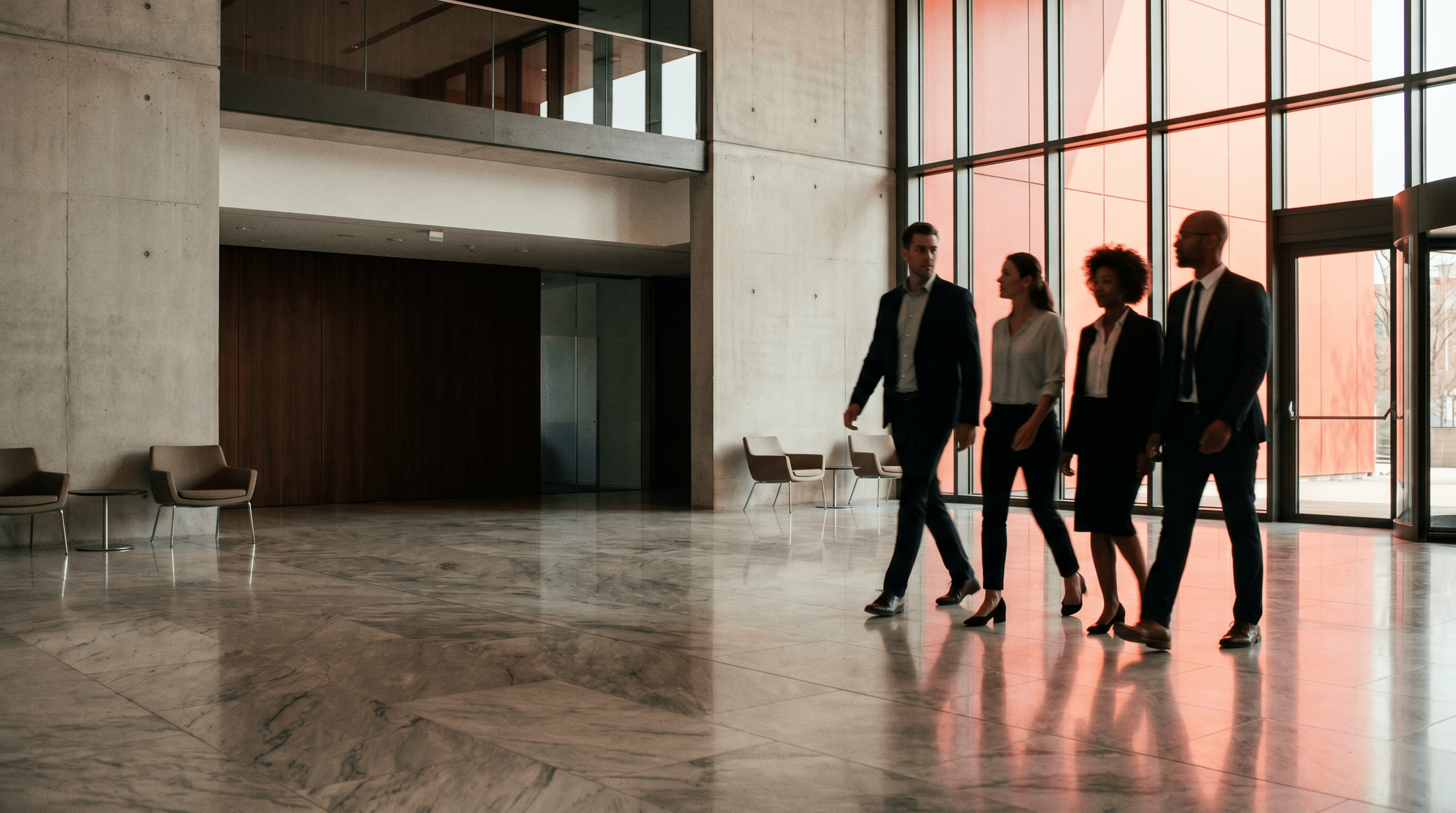 Professionals walking through a modern corporate atrium